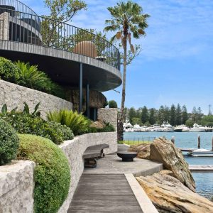 Natural timber boardwalk modern landscape